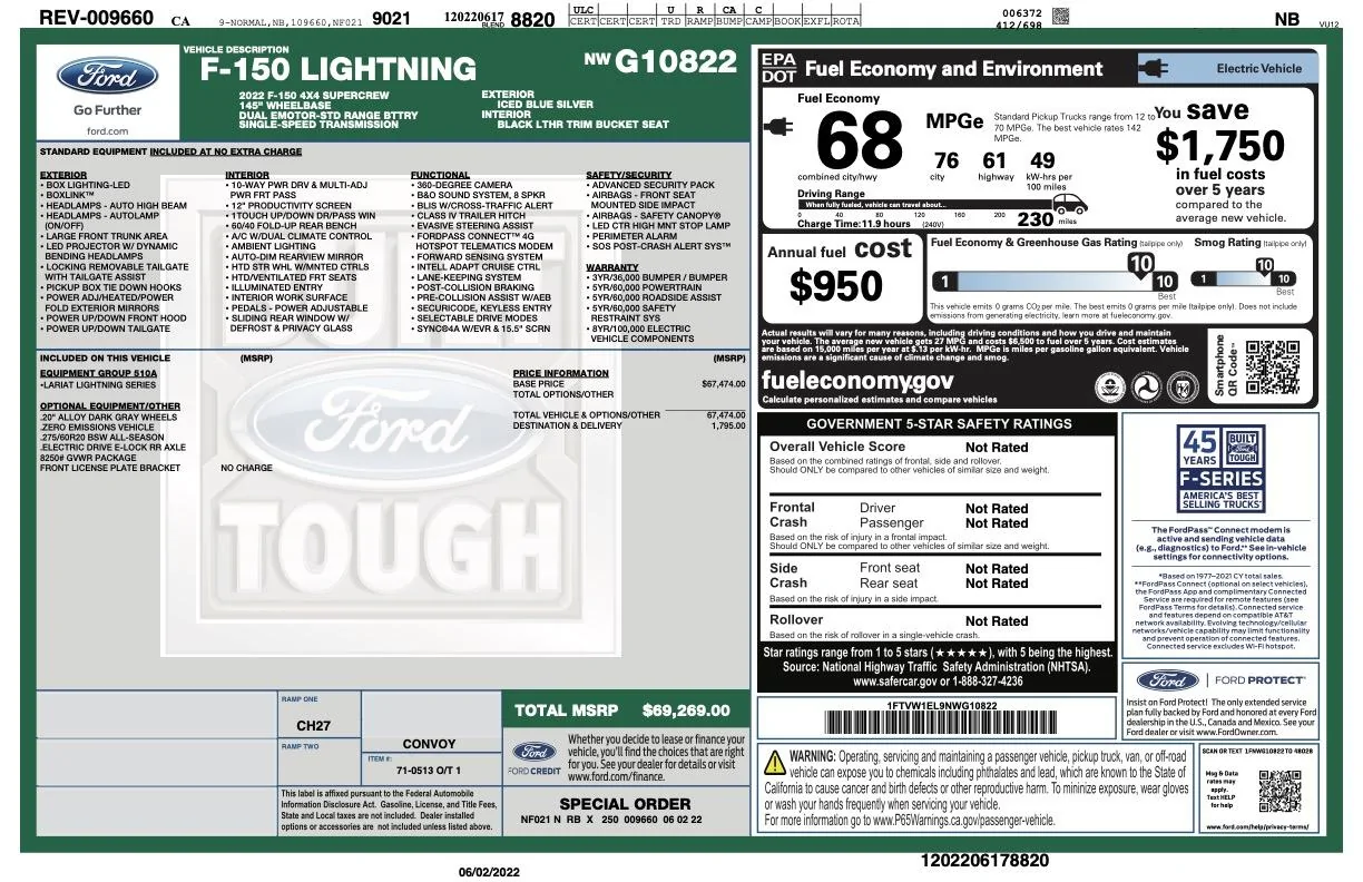 Ford F-150 Lightning June 2022 may be the largest of all months for Lightning deliveries ? Fiscal year end for investors? 2022F150LariatWindowSticker