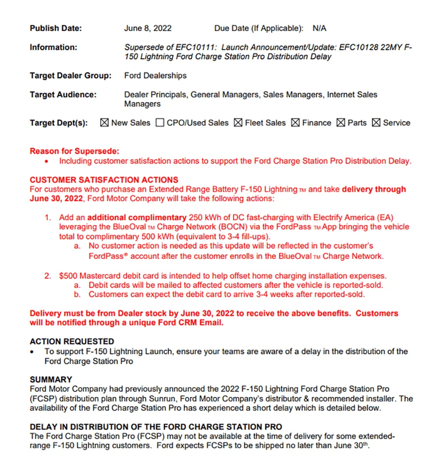 Ford F-150 Lightning Bulletin: Ford Making Up For Charge Station Pro Delay With Incentive/Bonus For Lightning Extended Range Customers (incl. $500 cash) Ford Bulletin - Lightning Extended Range Customers