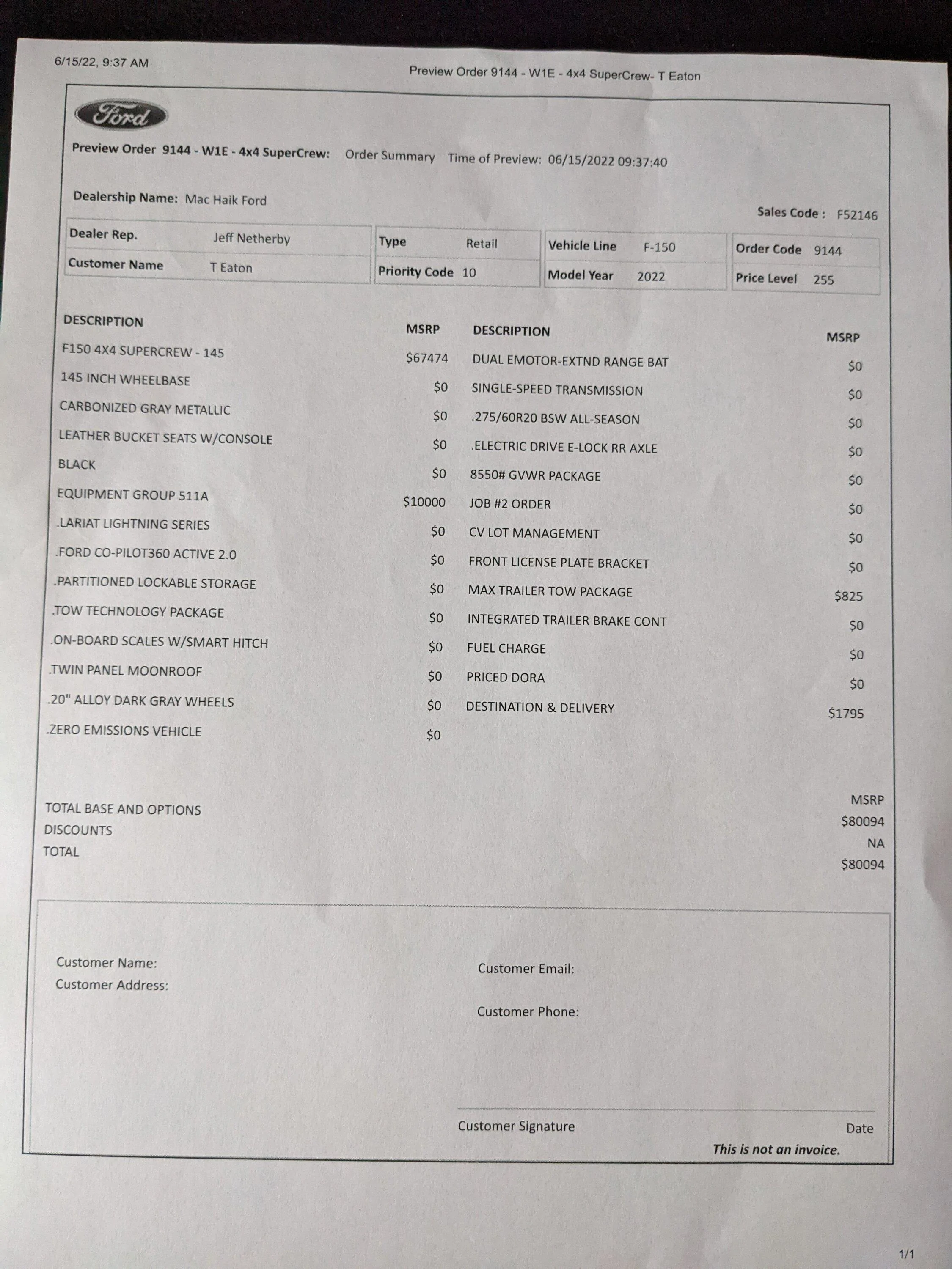 Ford F-150 Lightning Wave 7 Orders & Allocations --Phone Call from Dealer Buyers order sheet