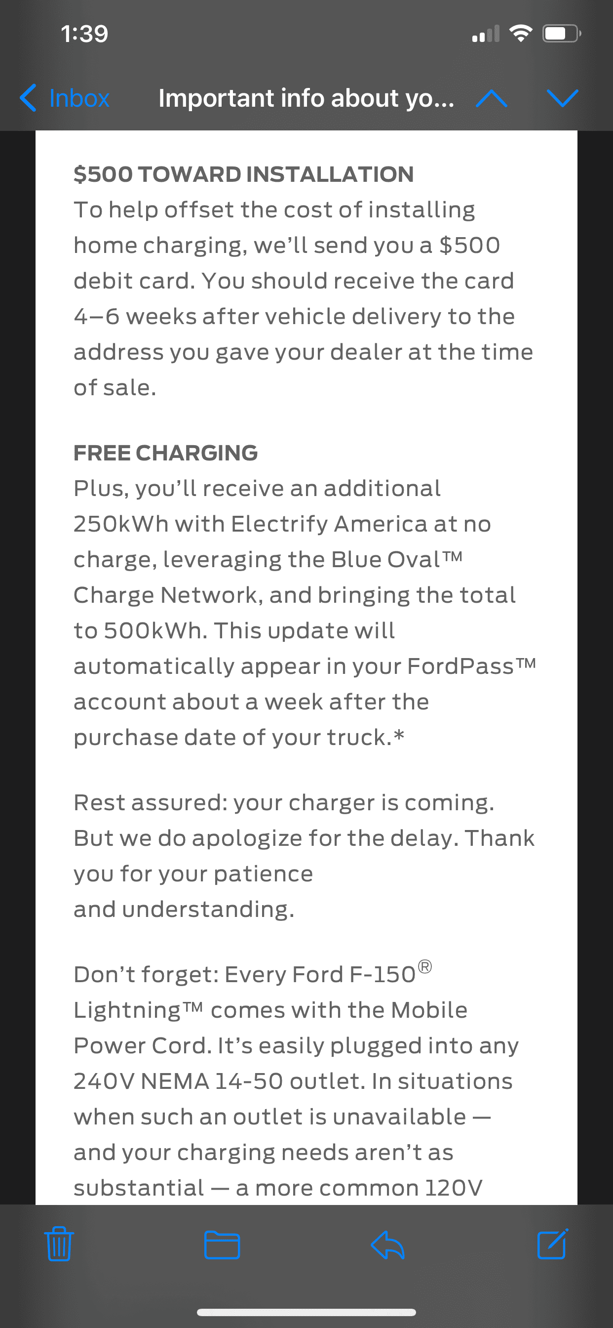 Ford F-150 Lightning Those with ER deliveries prior to July 1:  Have any of you been contacted about the $500 gift card and extra 250 kWh from EA? 2F4159D1-7A1C-4BF4-8324-16C7FA9DEAEC