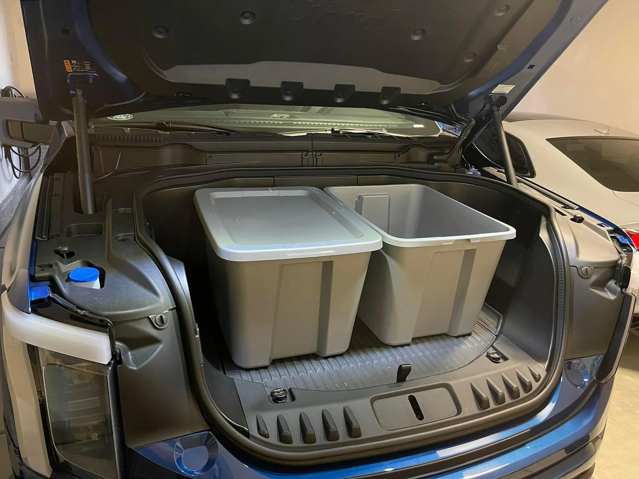 Ford F-150 Lightning Two Sterilite 18 gallon plastic bins fit the frunk 291171694_10112733000726296_8026149420066775566_n
