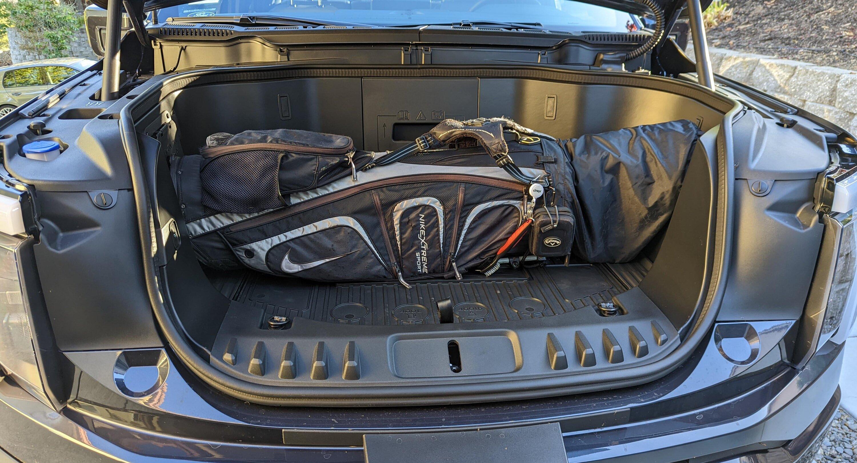 Ford F-150 Lightning Frunk Fitment Test: Golf Clubs and Stroller Golf Clubs Frunk F150 Lightning 2