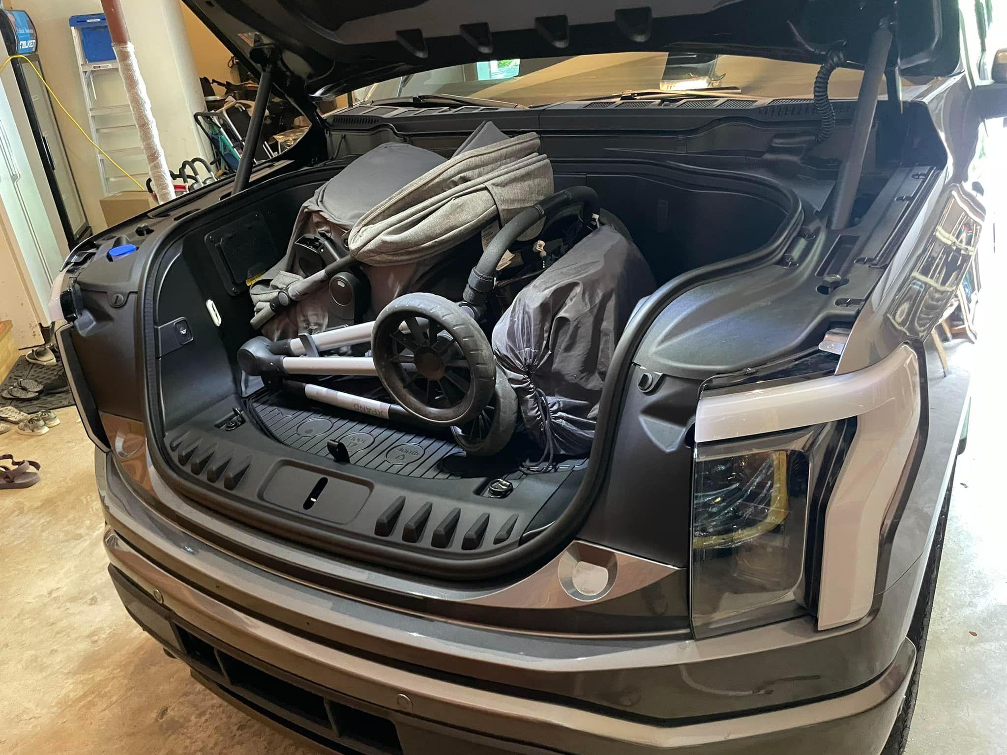 Ford F-150 Lightning Frunk Fitment Test: Golf Clubs and Stroller Stroller Frunk F150 Lightning 1