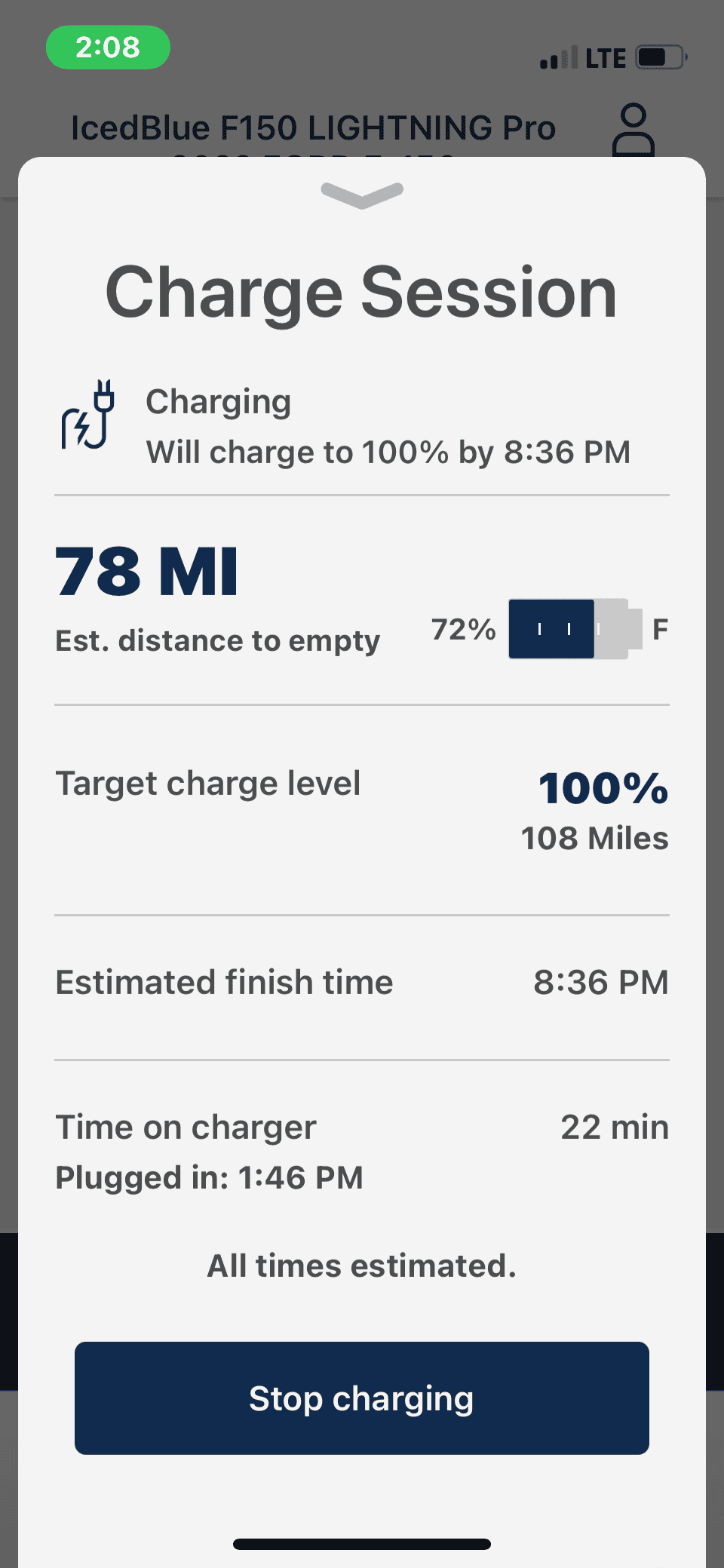 Ford F-150 Lightning Successfully Charging with TWO 30amp 120v outlets, for 240v power, at a campground... CHARGE APP.PNG