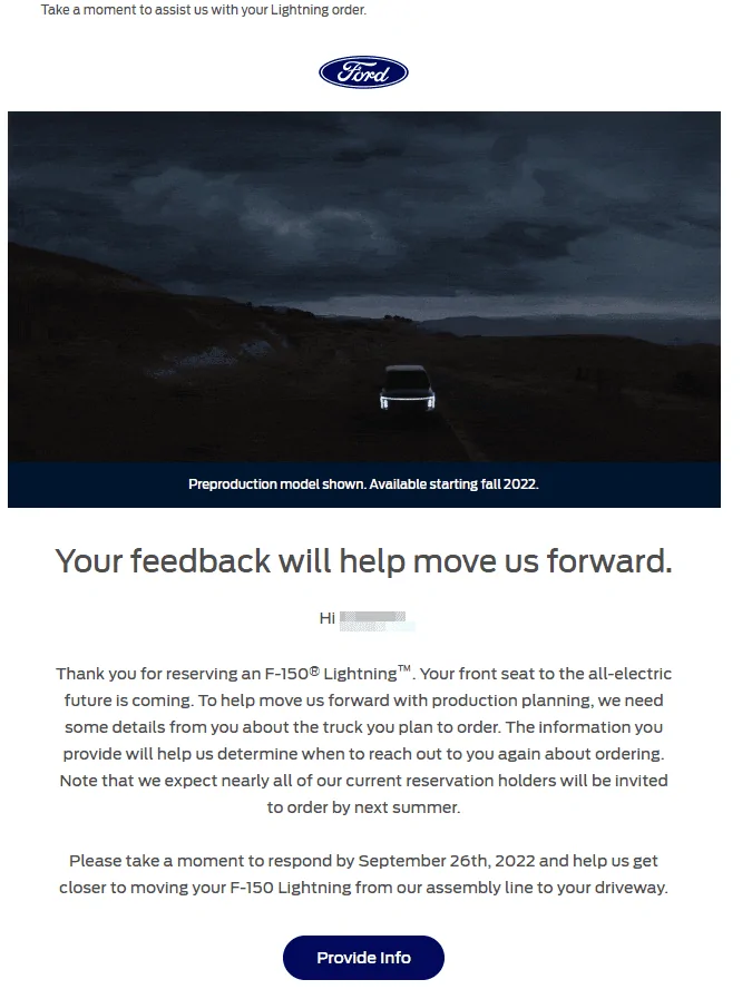 Ford F-150 Lightning Ford sends out Lightning survey email - Help us plan for your F-150 Lightning Order Help us plan for your F-150 Lightning