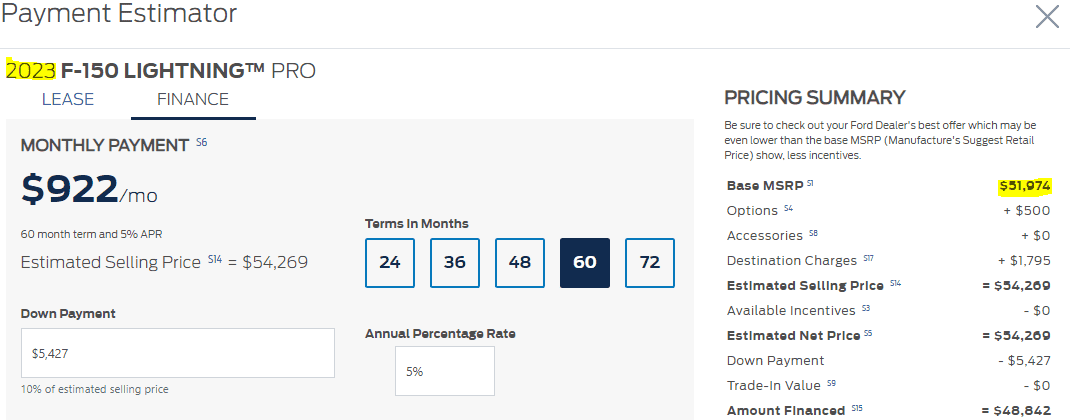 Ford F-150 Lightning Ford website still showing Lightning "starting at $39,974" (clearly this is incorrect) 1665671152441