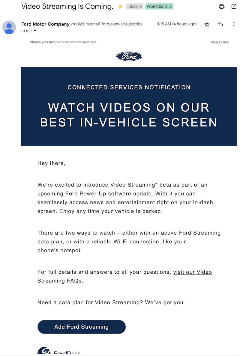 Ford F-150 Lightning Video Streaming is Coming - Email from Ford 1666120984948
