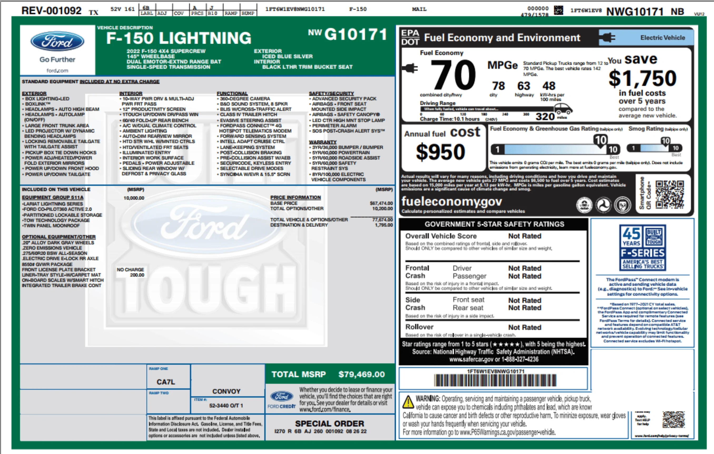 Ford F-150 Lightning Lariat ER - Iced Blue Silver WIndow Sticker