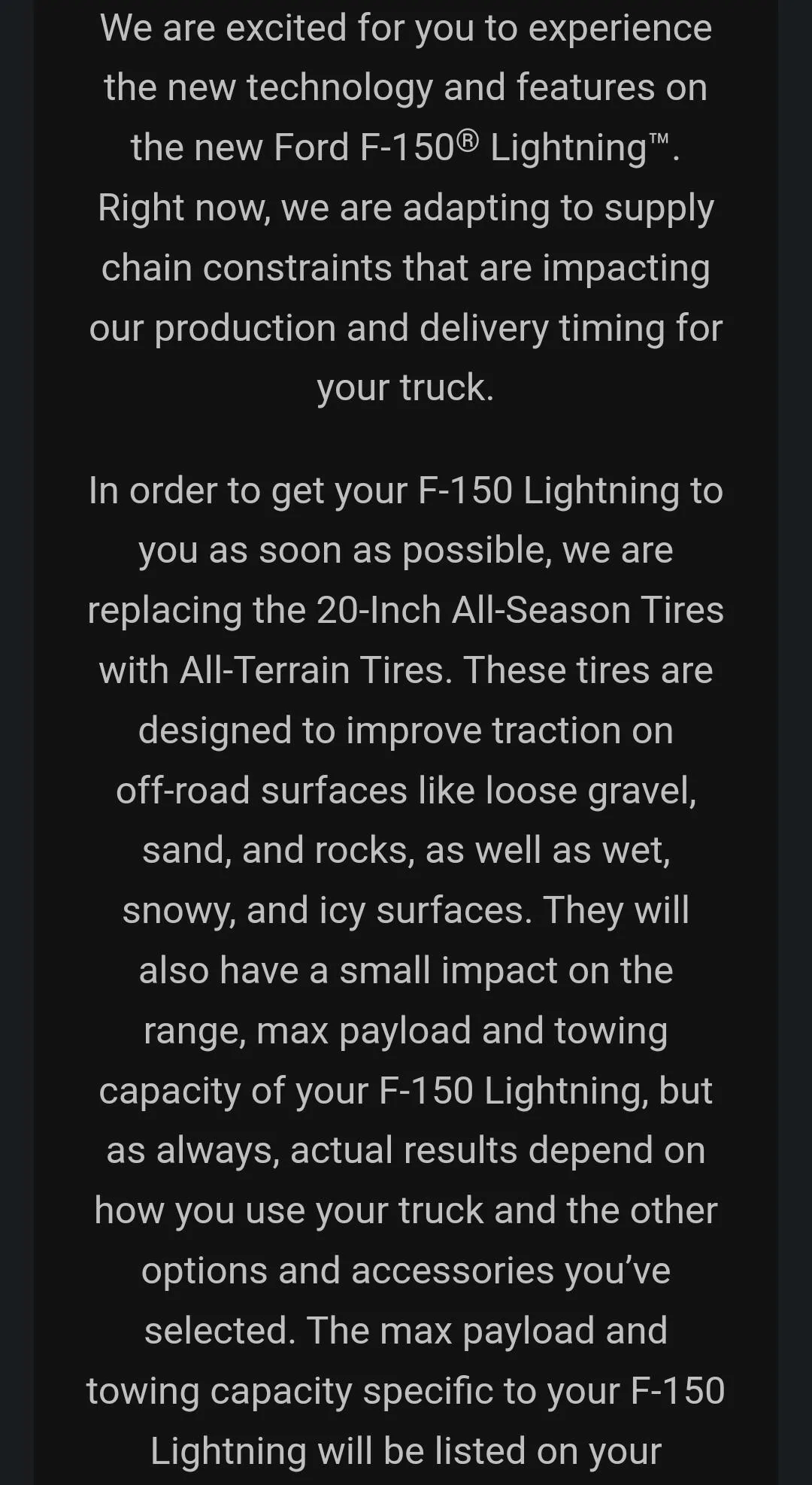 Ford F-150 Lightning 2023 Lightning with 20" wheels now only shipping with All-Terrain tires (at no cost) Screenshot_20221107_095922_Gmail
