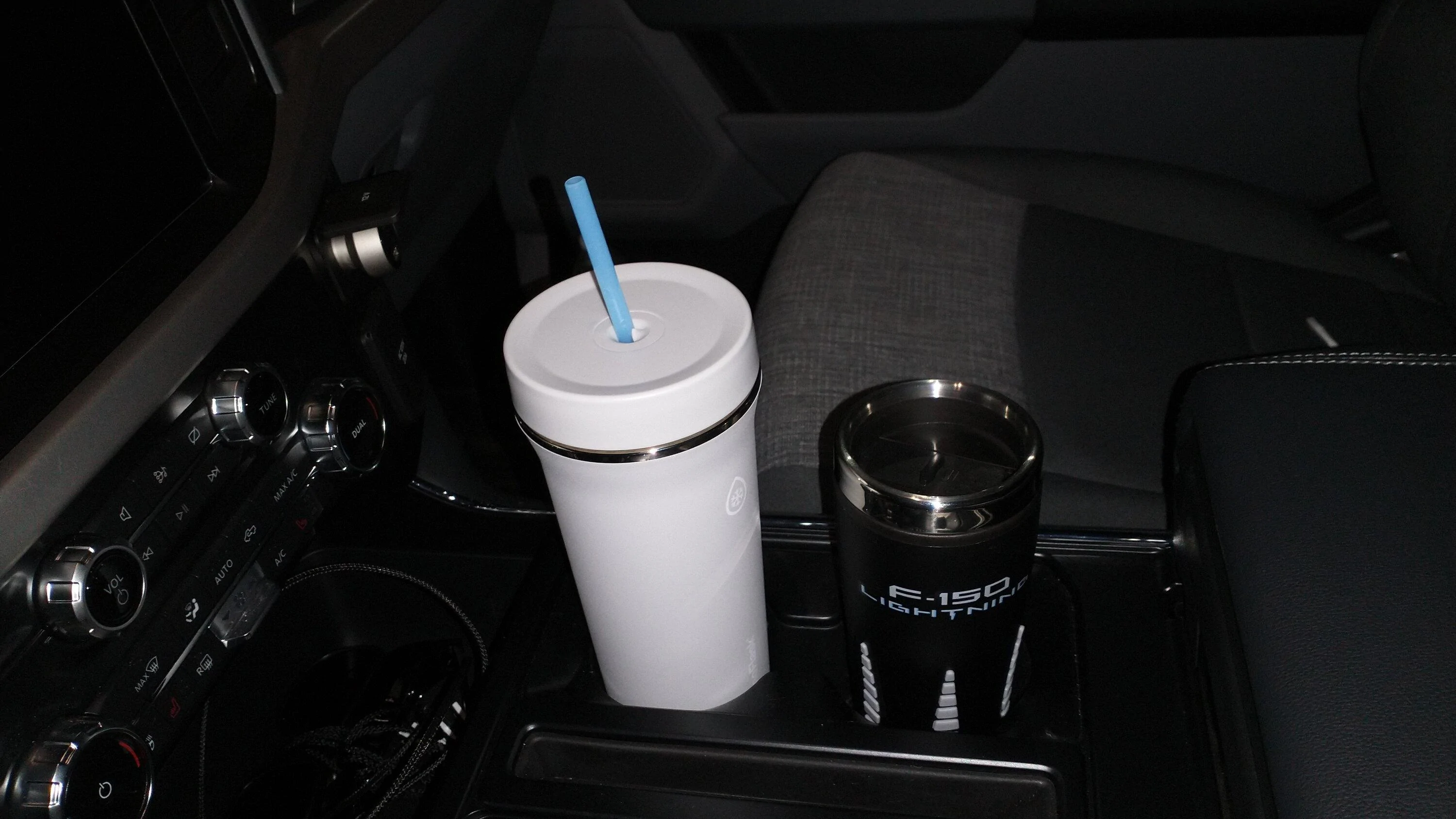 Ford F-150 Lightning Best drink cups, containers, flasks, tumblers for various drink & cupholders? IMG_20230105_214319941 Costco ThermoFlask vs Ford Lightning flask in cupholders