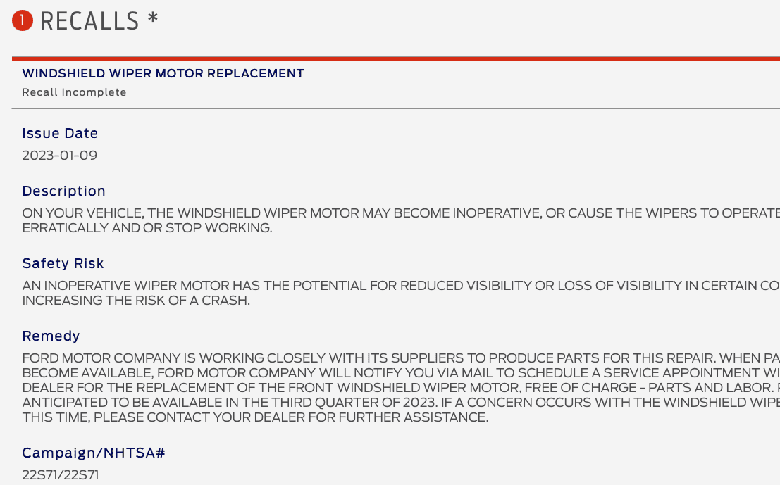 Ford F-150 Lightning Recall 22S71 - Windshield Wiper Motor inspect/replace Screen Shot 2023-01-17 at 7.09.02 AM