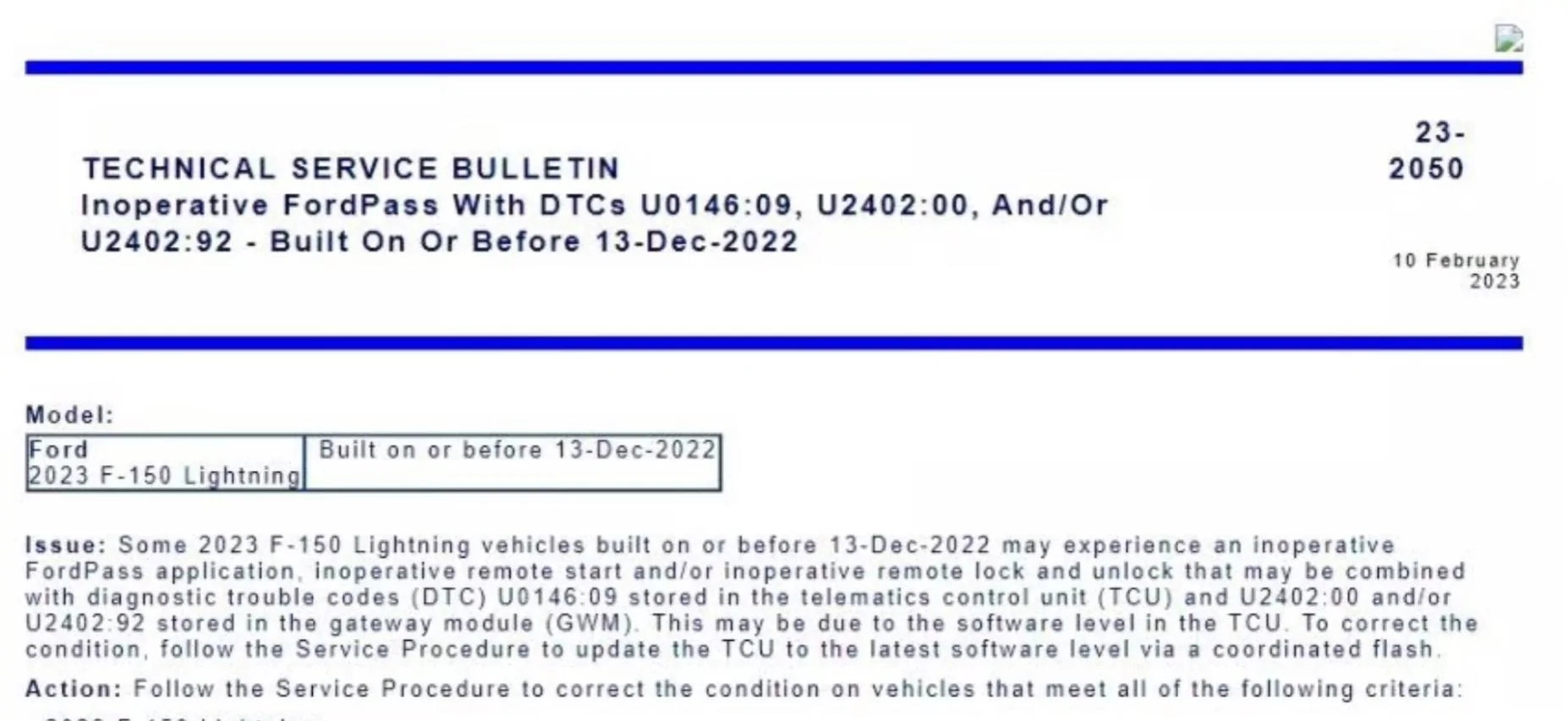 Ford F-150 Lightning TSB 23-2050 vs SSM 51389 87B7E146-610E-4937-88E5-930F7BC87DD9