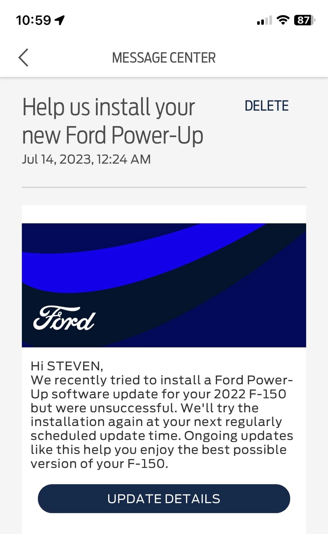 Ford F-150 Lightning Priority Update: 23-PU0306-BCF-DET Update Help Screen