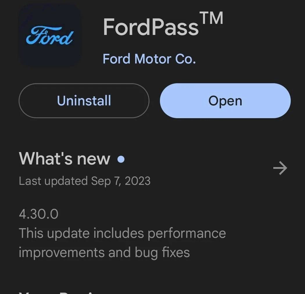 Ford F-150 Lightning FordPass 4.30.2 update (Performance & Bug Fixes v2) SmartSelect_20230912_081520_Google Play Stor