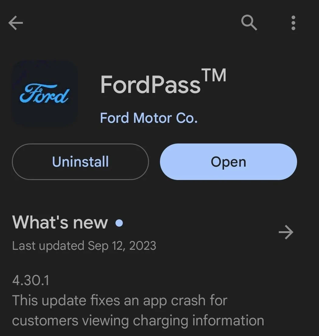 Ford F-150 Lightning FordPass 4.30.2 update (Performance & Bug Fixes v2) SmartSelect_20230913_192948_Google Play Stor