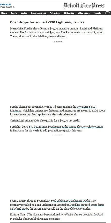 Ford F-150 Lightning $7500 XLT discount? det_free_press_articl