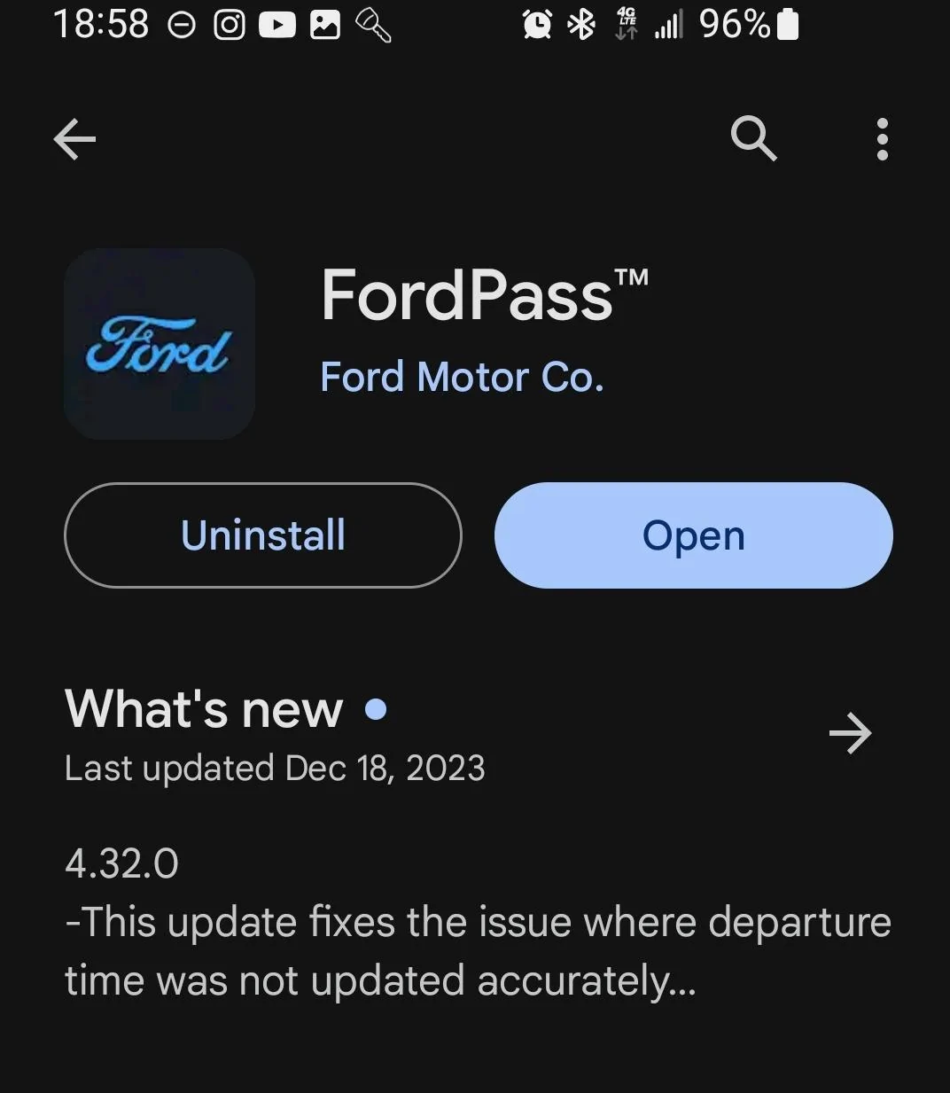 Ford F-150 Lightning FordPass 4.32.1 updated (Departure times & Bug Fixes) SmartSelect_20240104_185843_Google Play Stor
