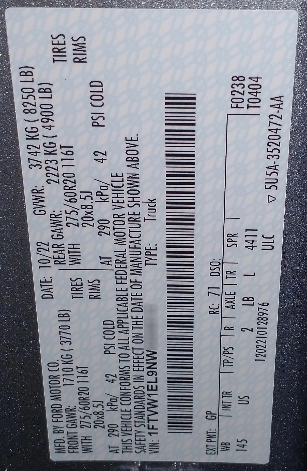 Ford F-150 Lightning Powertrain Malfunction/Reduced Power Poll IMG_20221117_203739733 VIN sticker inside door Ford F-150 Lightning XLT 1ftvw1el9nwg09816 gv