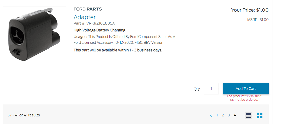 Ford F-150 Lightning NACS adapter is now on Ford parts website (but can't be ordered yet) 1708551307094