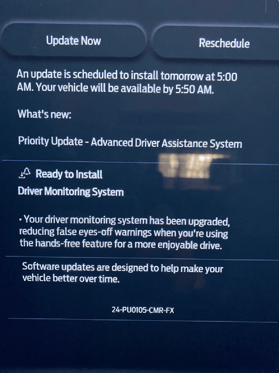 Ford F-150 Lightning Priority Update: 24-PU0105-CMR-FX. Driver Monitoring System imag