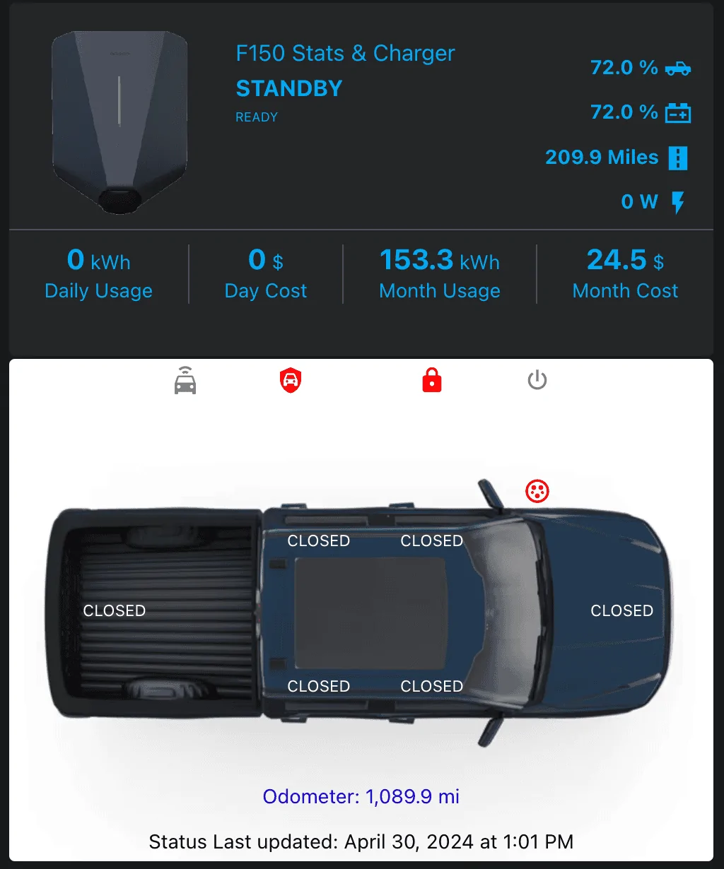 Ford F-150 Lightning Home Assistant - Ford F150 Lightning Dashboard. Screenshot 2024-04-30 at 1.01.49 PM