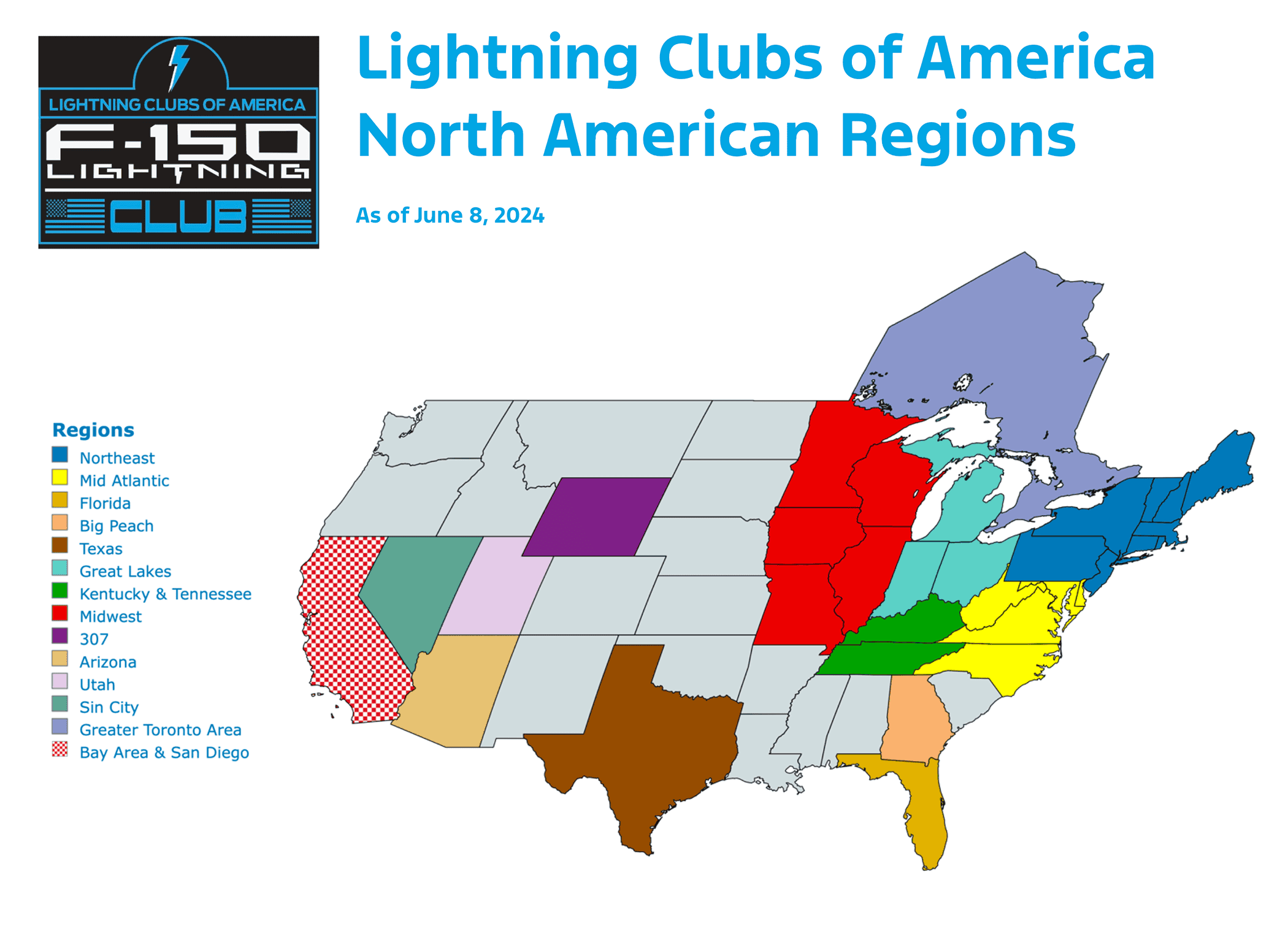 Ford F-150 Lightning Lightning Clubs of America LCOA-NA-Region-Map-6-8-2024