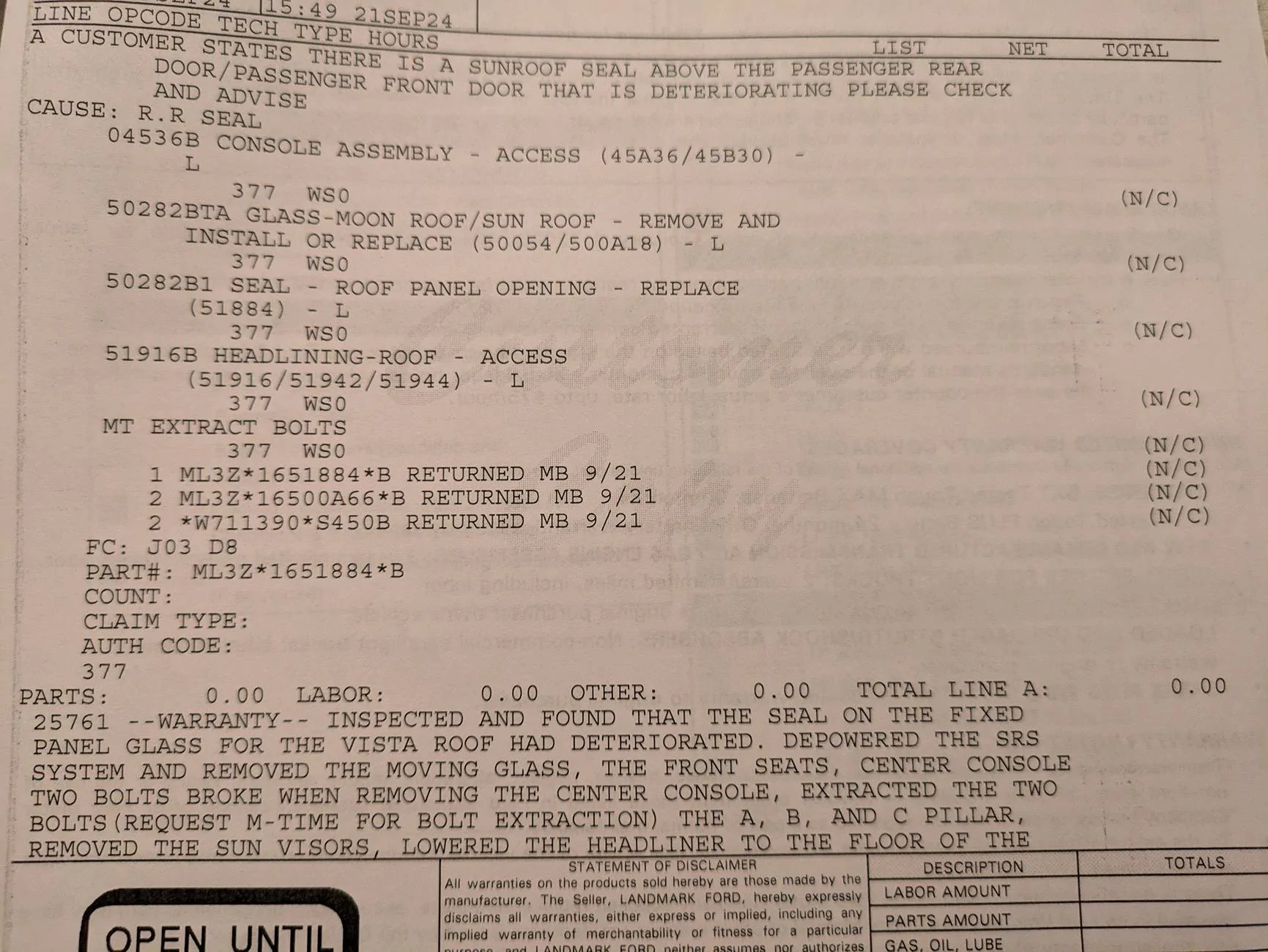 Ford F-150 Lightning Warranty repair: Moonroof gasket decay 1000030345