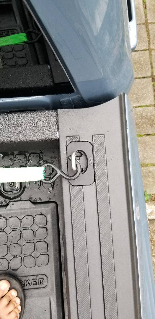 Ford F-150 Lightning Retractable flush mount black stake-pocket tie-downs - VFL3Z-99000A64-D (Bullring)- Install Lightning - front bull ring mount - top view