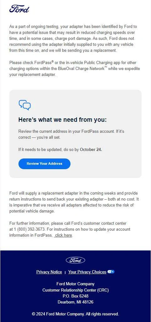 Ford F-150 Lightning Tesla NACS Adapter Recall / Replacement Notice (10/24/24) Captur
