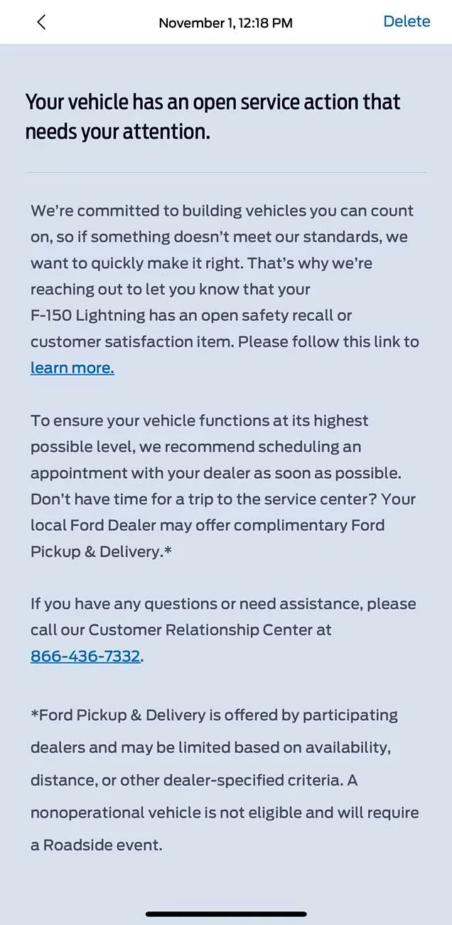 Ford F-150 Lightning “Your vehicle has an open service action that needs your attention” IMG_5335