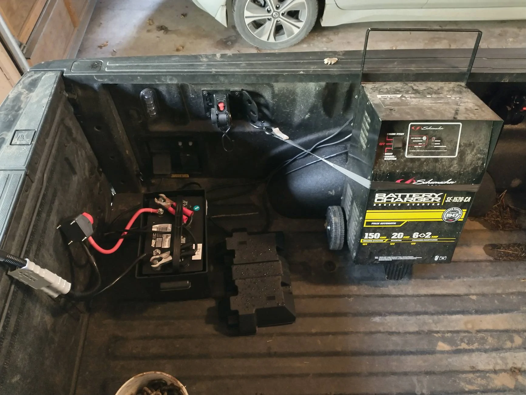 Ford F-150 Lightning 12k winch, trailer hitch mount, deep cycle battery, battery charger setup bed_vi