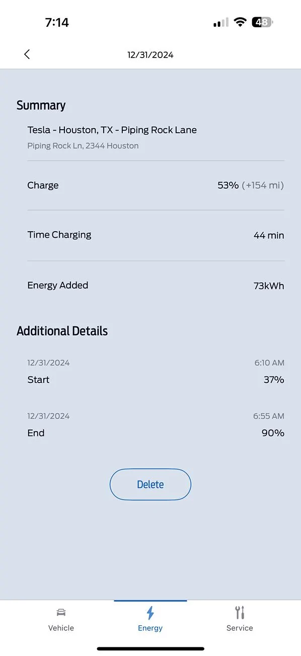 Ford F-150 Lightning Blue Oval charges vs Tesla charge via app IMG_6854