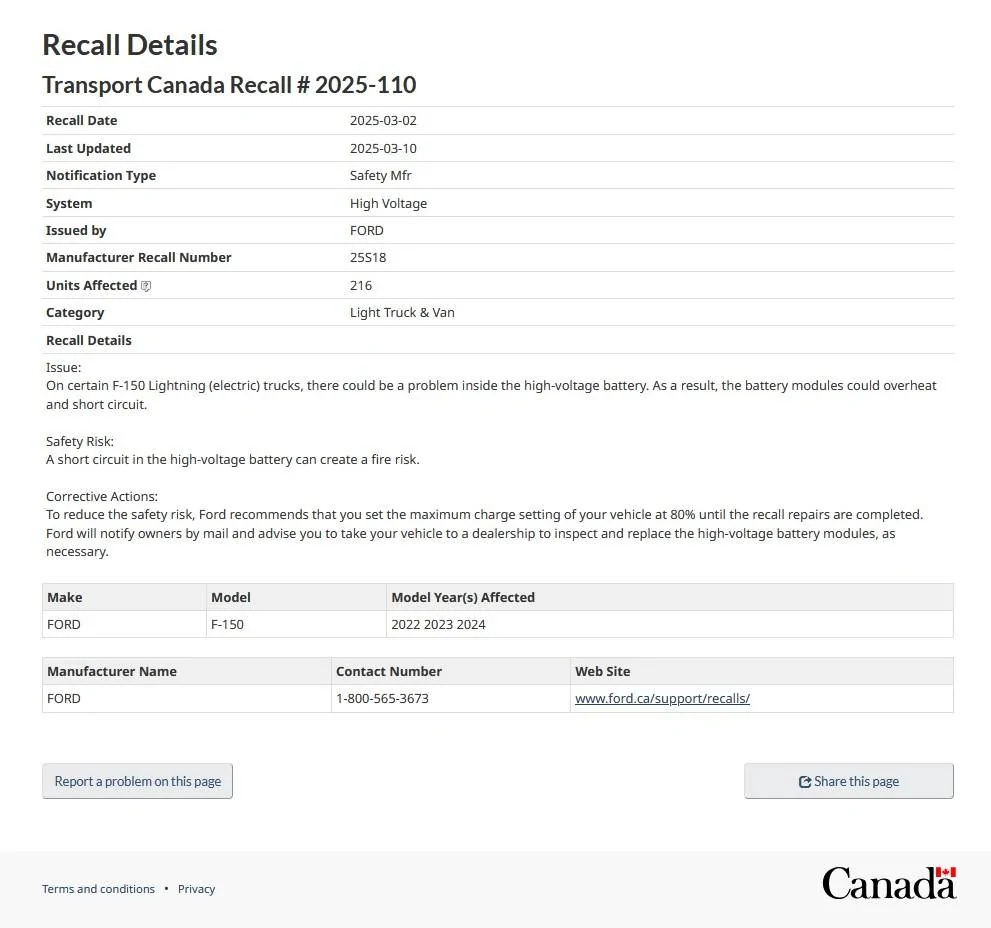 Ford F-150 Lightning Safety Program: 25S18 aka 25V131: HV Battery Electrode Misalignment Discussion 2023 2-28 Notice of recall  Canada