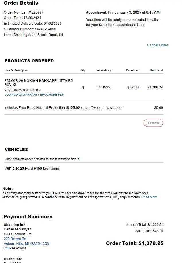 Ford F-150 Lightning Nokian Hakkapeliitta R5 SUV 116T snow tires installed - first impressions and range result Nokian invoic