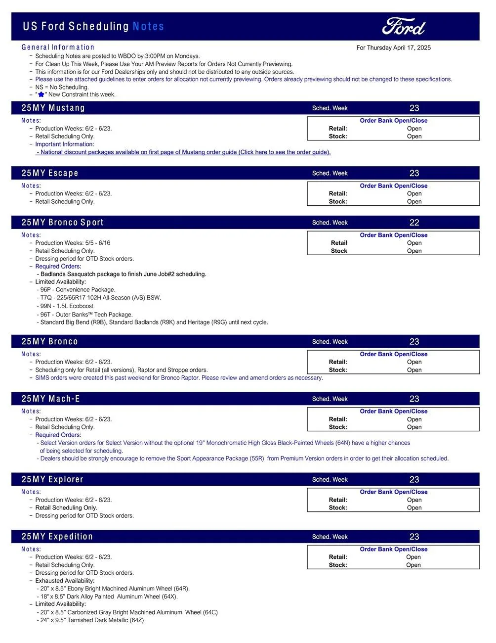 Ford F-150 Lightning 2025 F-150 Lightning Scheduling This Week (4/17/25) for Production Weeks 5/12 - 6/9 US Ford Scheduling Notes - 4.15.25-1