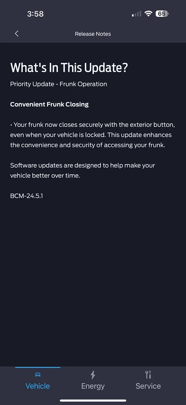 Ford F-150 Lightning Priority Update - BCM-24.5.1 - Convenient Frunk Closing IMG_8689