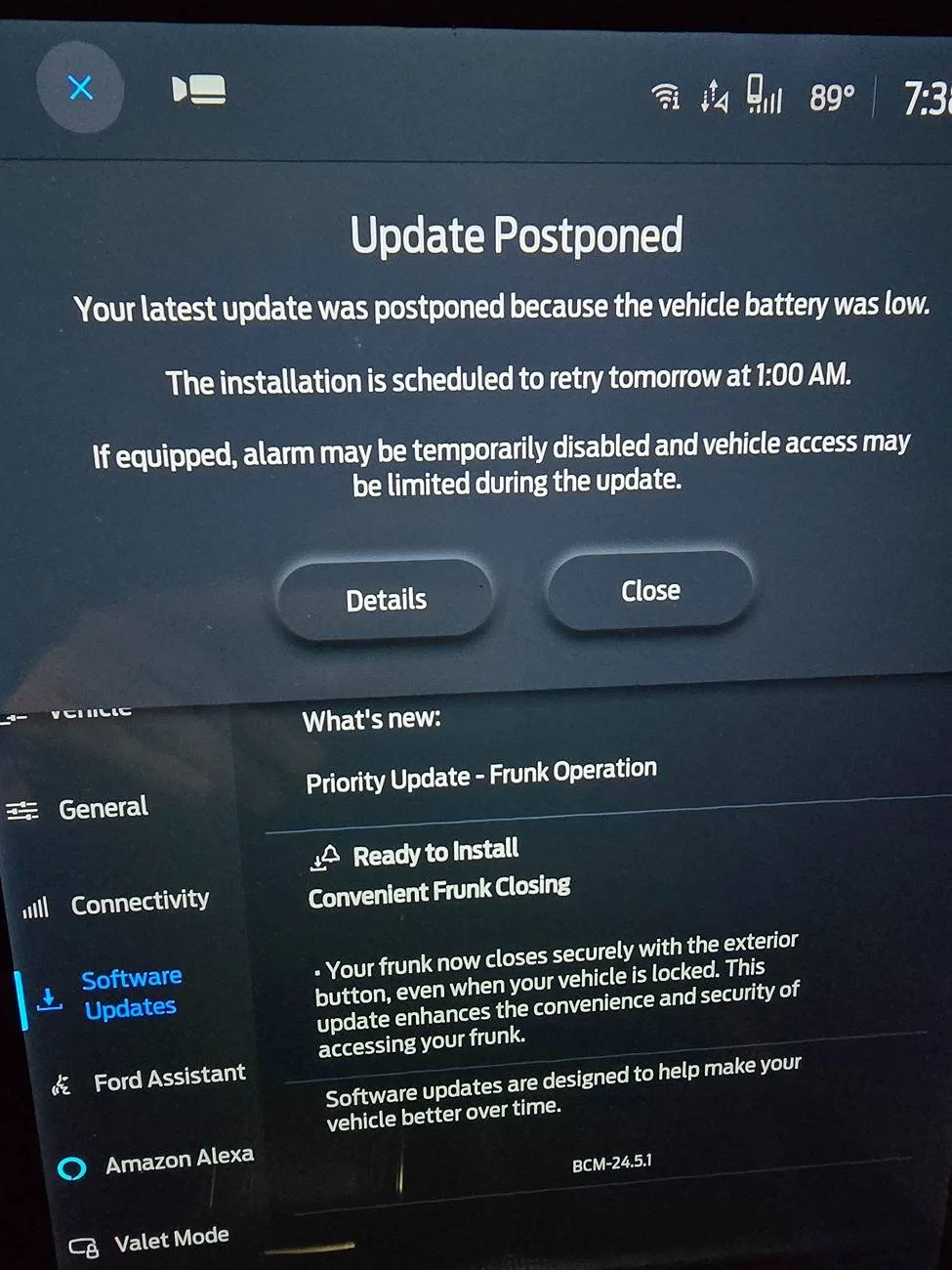 Ford F-150 Lightning OTA update not installing - "Vehicle battery is low" 20250505_193808