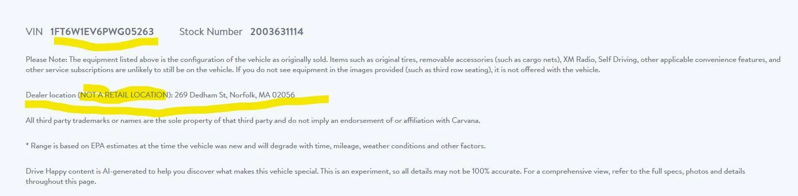 Ford F-150 Lightning Carvana description vs window sticker 1747227867804-4m